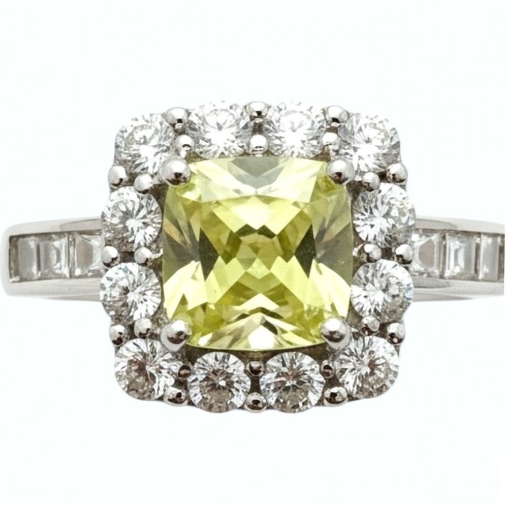 Simulated Canary Yellow Apatite Square Cut CZ Halo Cocktail Ring Size 6 NWT